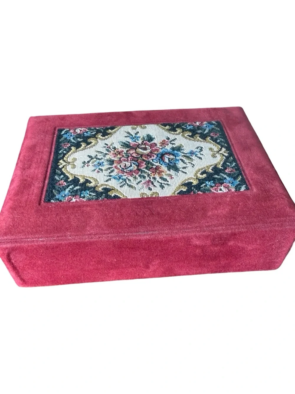 Vintage Red Velvet Jewelry Box Floral Needlepoint Lid Interior Mirror